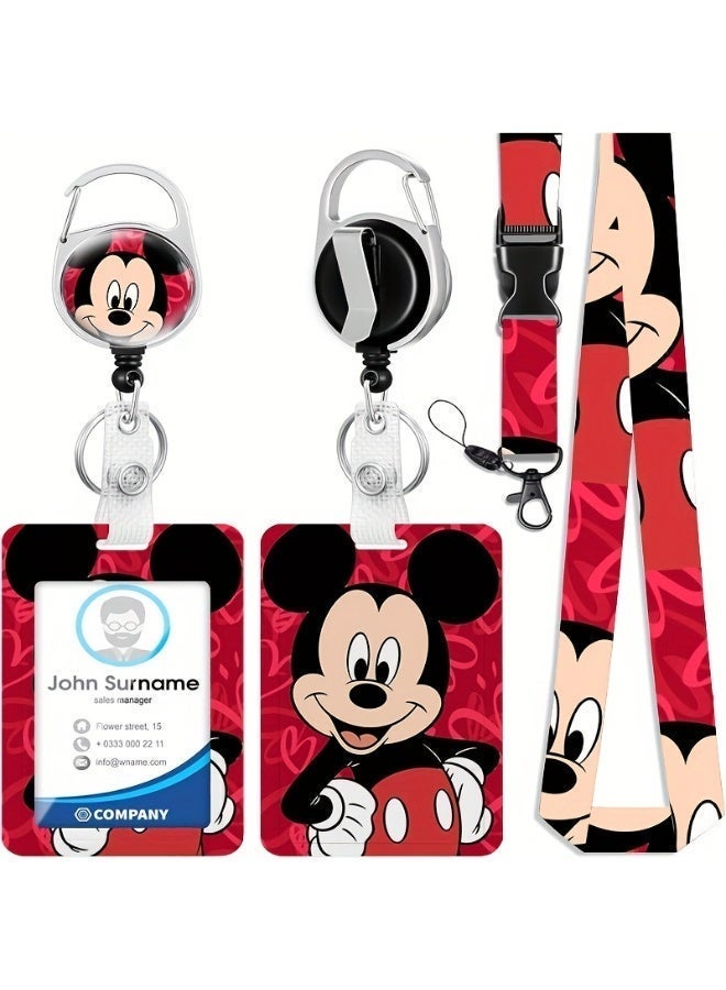 Disney 3-in-1 Disney Red Mickey Mouse Logo Plastic ID Holder with Lanyard, Retractable ID Roller, Keychain and Extension Chain - Suitable for workers, students, bus drivers, doctors, nurses, etc. - Image 1